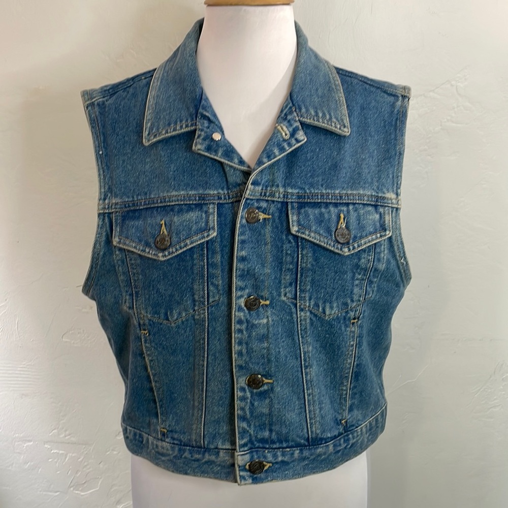Liz Wear Blue Denim Vintage Vest Women's Size Medium Button Down  with P…